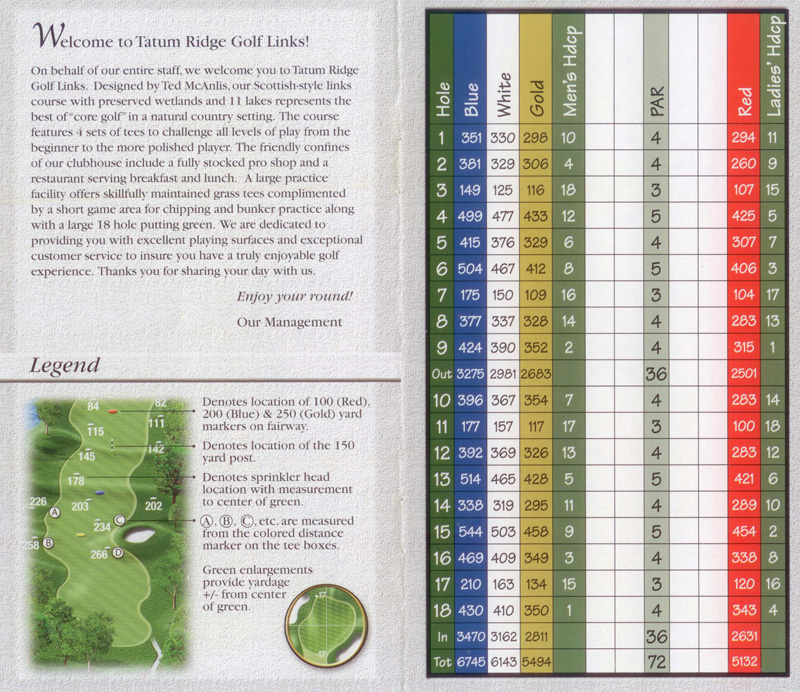 Scorecard Tatum Ridge Golf Links